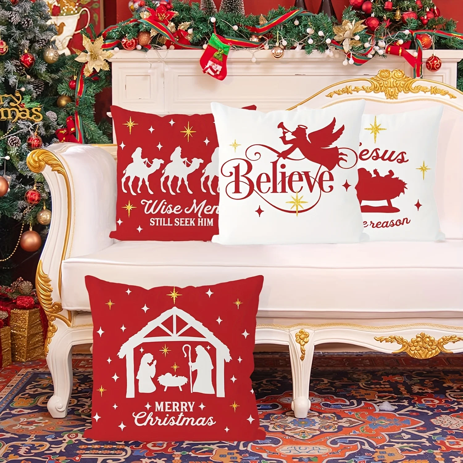 4-Pack Christmas Throw Pillow Covers, 16x16, 18x18, 20x20 - Contemporary Style, Polyester, Machine Washable, Zipper Closure