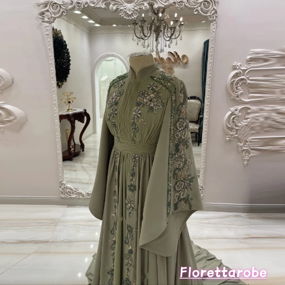 Florettarobe Marokkanisches Kaftan Muslimisches Abendkleid A-Linie Lange Ärmel Chiffon Applikation Dubai Arabisch Abaya Islamisch Maßgeschneidert – Detail 2