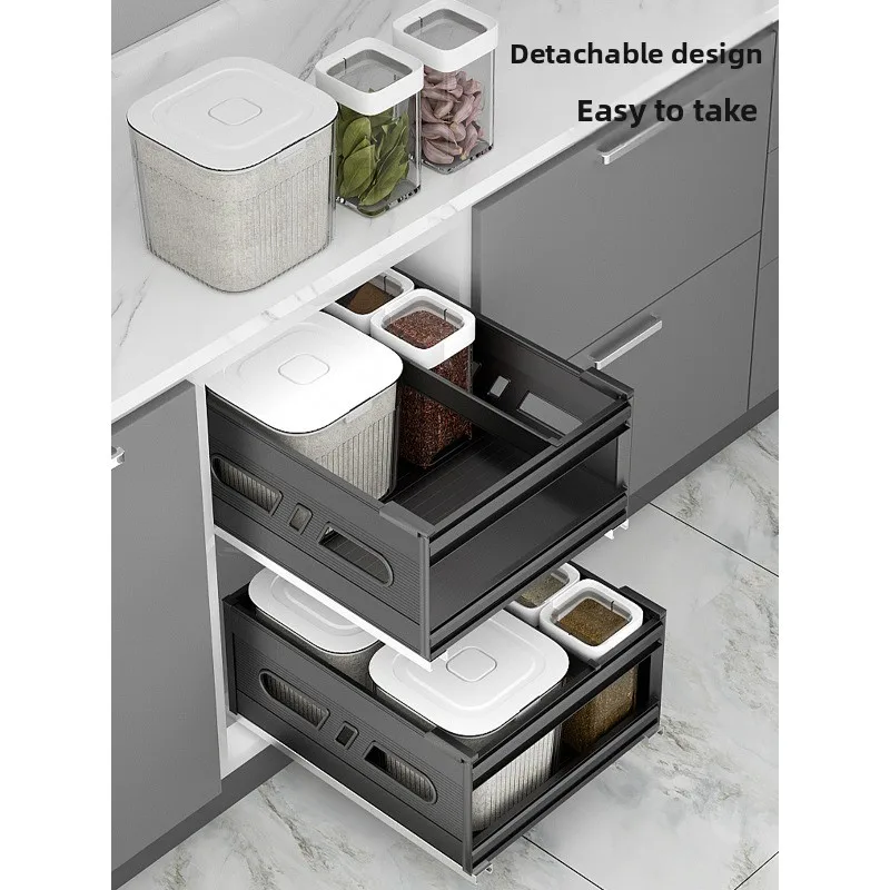 box basket embedded bucket household, drawer type  box flour storage tank rice bucket cabinet double layer box
