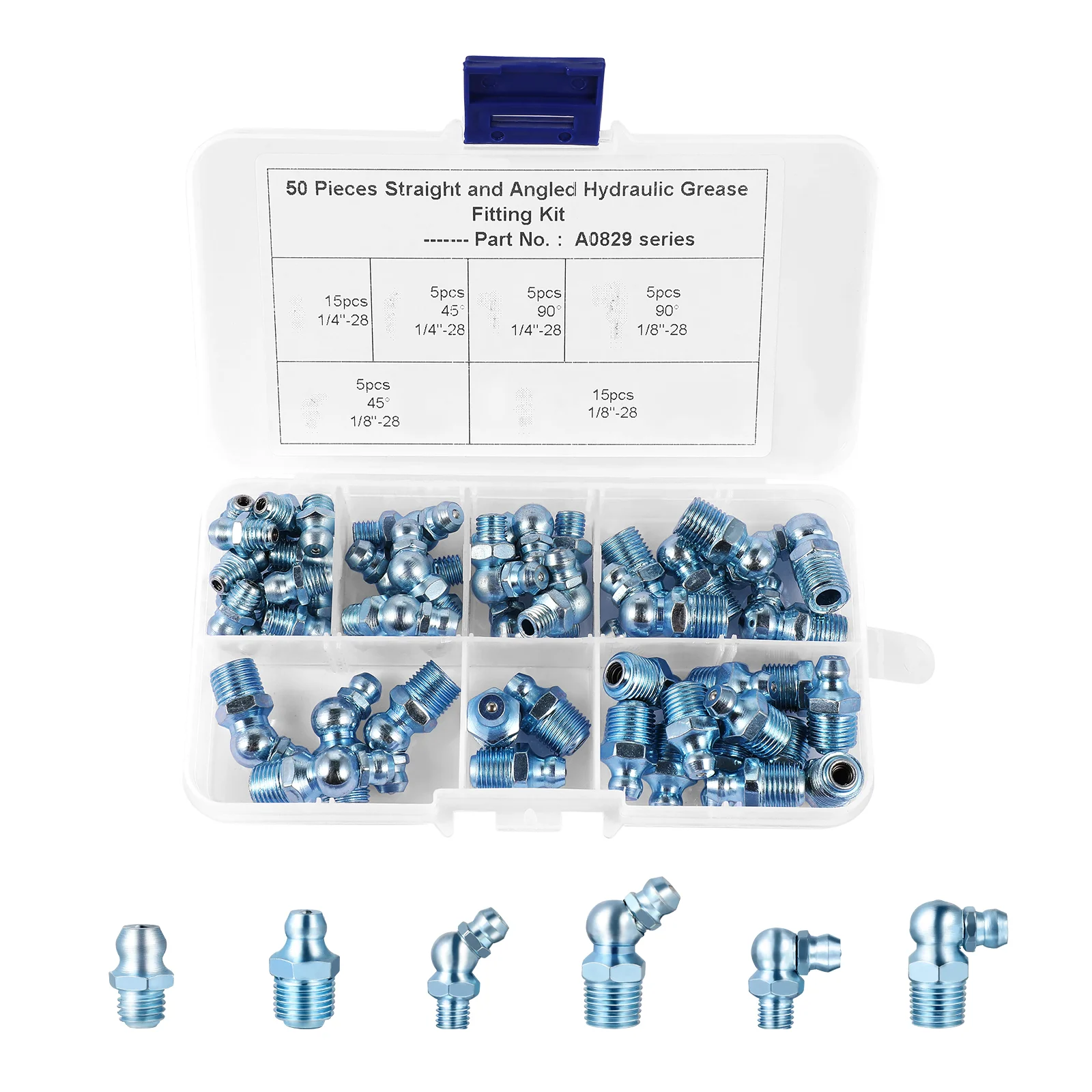 

UKCOCO 50Pcs A0829 Replacement Grease Nipples Fitting Assortment Set (Silver) grease fitting set grease zerk fittings