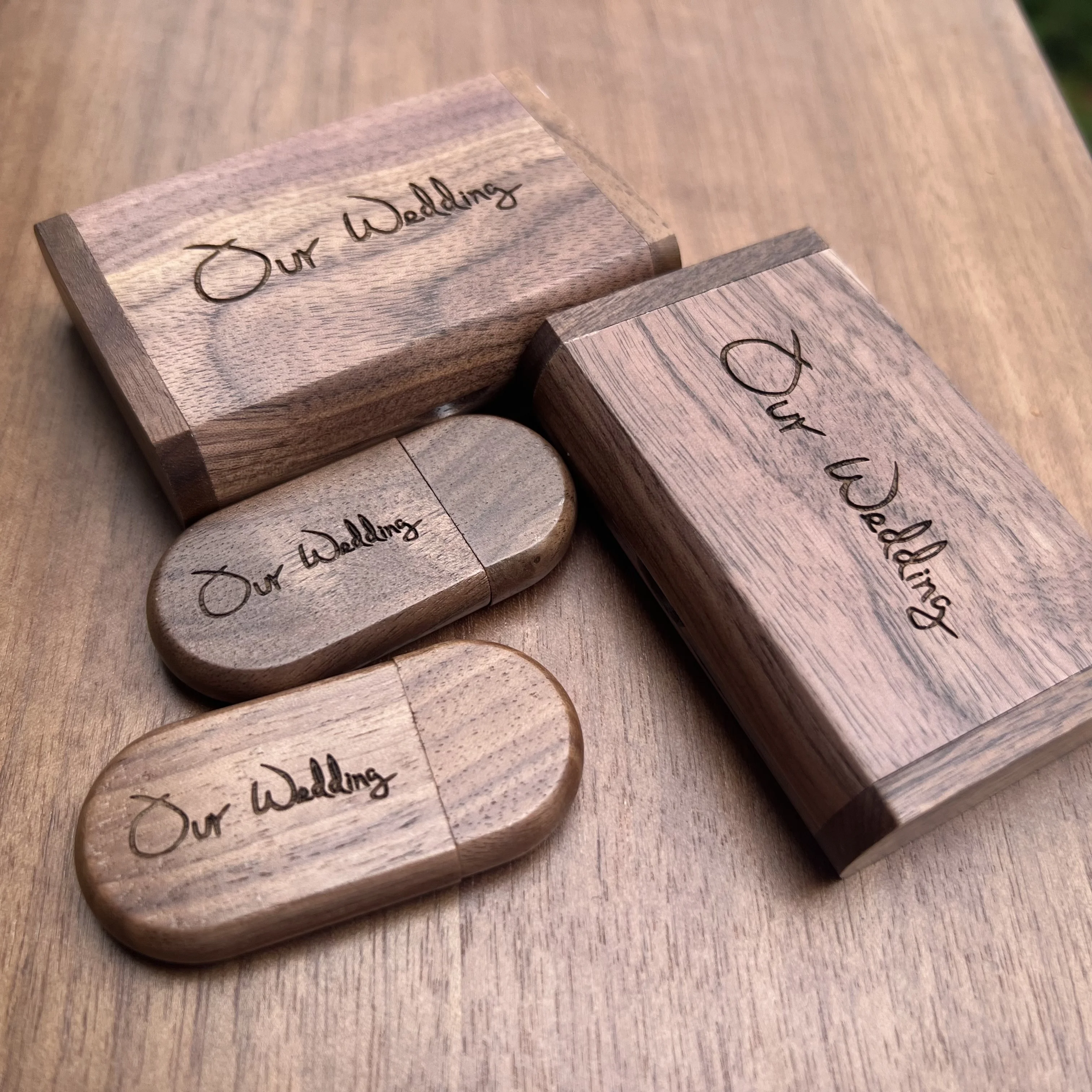 (Our Wedding) 128GB High-Speed Walnut Wood USB Flash Drive with Wooden Box, Real Capacity U Disk, 32GB External Storage