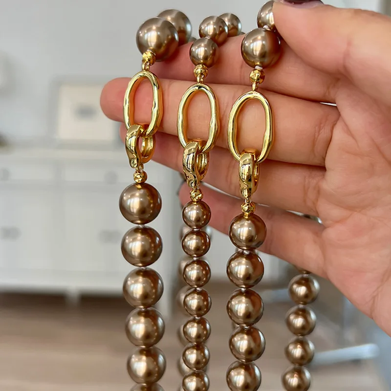 Minar 2024 New 8 10mm Champagne Color Simulated Pearl Beaded Necklaces for Women Femme Toggle Clasp Beads Long Sweater Chain