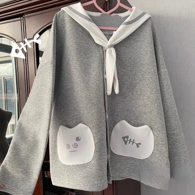 Y2k E-Girl Sailor Collar Little Bear Ears Sweatshirts Thin Long Sleeve Coat Women 2024 New Mid-length Loose Cardigan Jackets