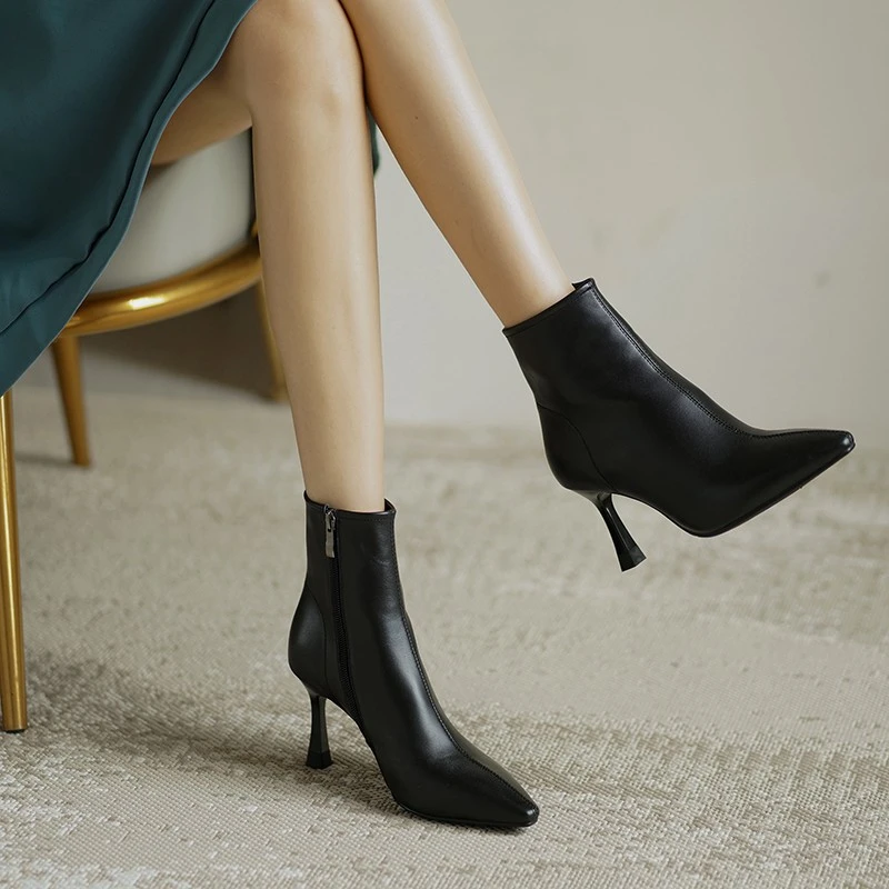 2023 Hot Sale Shoes Female Ankle Women\'s Boots Elegant Modern Boots Women Solid Sewing Zipper Pointed Toe Thin Heel Shoes Women