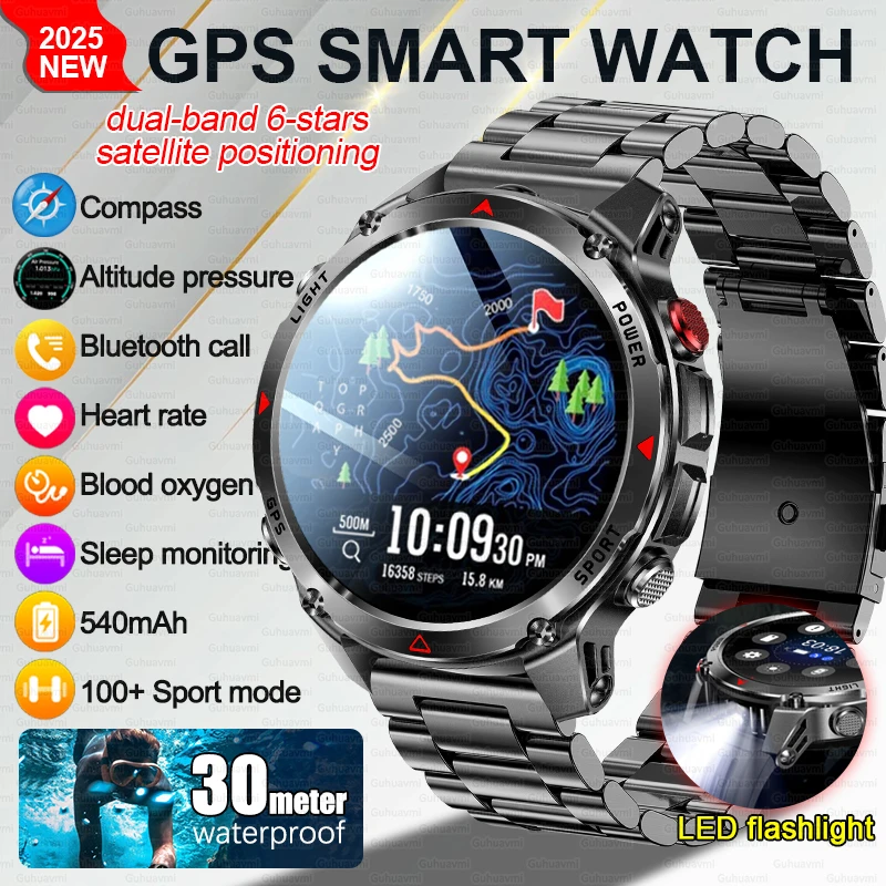 2025 New Outdoors Sports Military GPS Smart Watch 3ATM Waterproof Built-in Dual-Band GPS Compass Altimeter Swimming Smartwatches