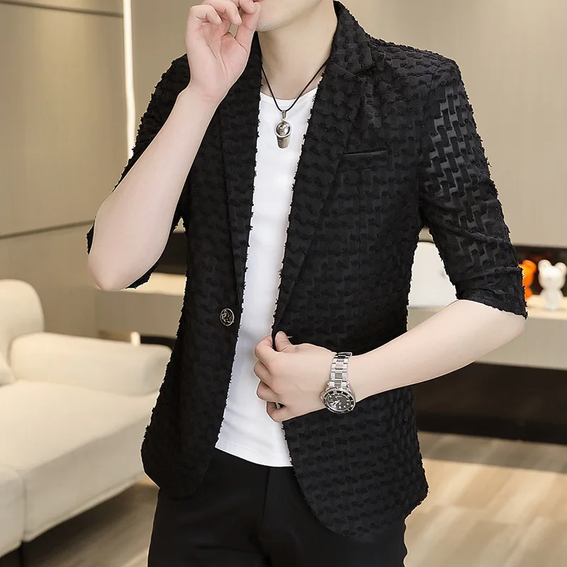 Summer Quarter Sleeved Suit Jacket for Men\'s Thin Casual Business Blazers Hollow Out Sexy Stage Performance Hairstylist Coats