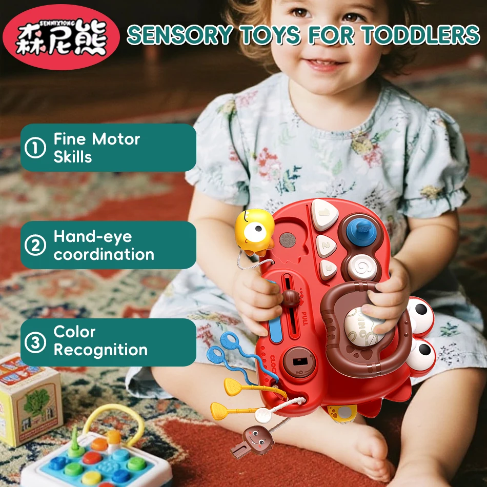 SENNIXIONG لعبة التسنين الطفل الدب النمر رائد فضاء سحب سلسلة مونتيسوري الحسية ديناصور النشاط مجلس تطوير لعبة للطفل الصغير