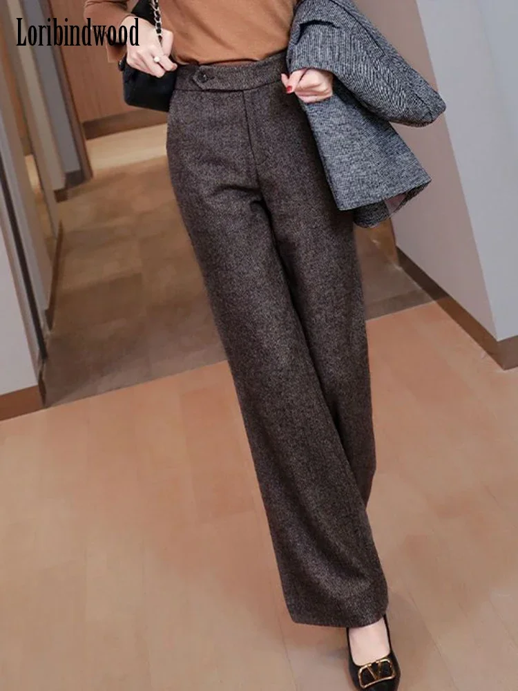 

2022 Autumn/winter French Vintage Woollen High Waisted Loose Hanging Feeling Woollen Thick Wide Leg Trousers with Floor Mop