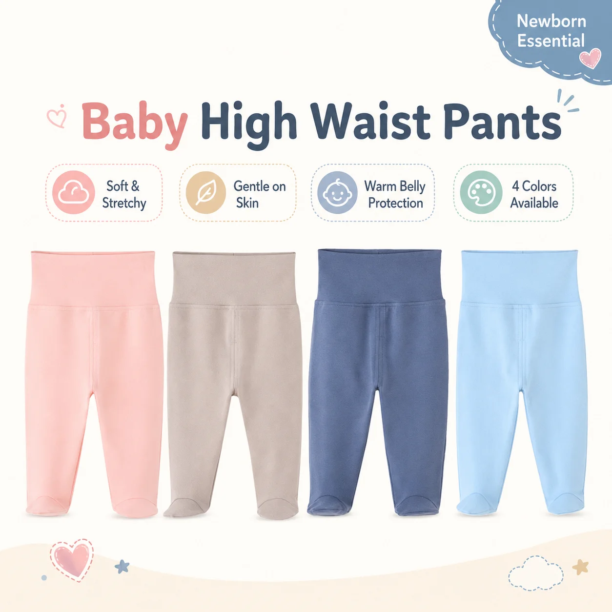 Baby High Waist Footed Pants Newborn Infant Soft Stretchy Leggings Solid Color Belly Protection Trousers for Boys Girls