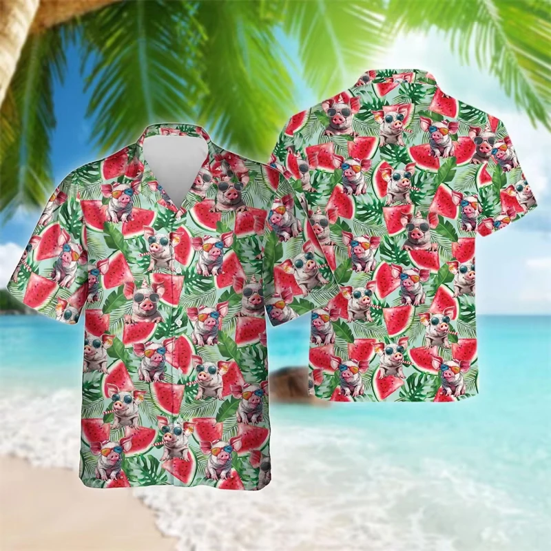 Hot Sale Summer Men clothe 3D Print Animal PIG Men Hawaiian Shirts Men Fashion Holiday Button-up blouse Men Beach Vacation shirt