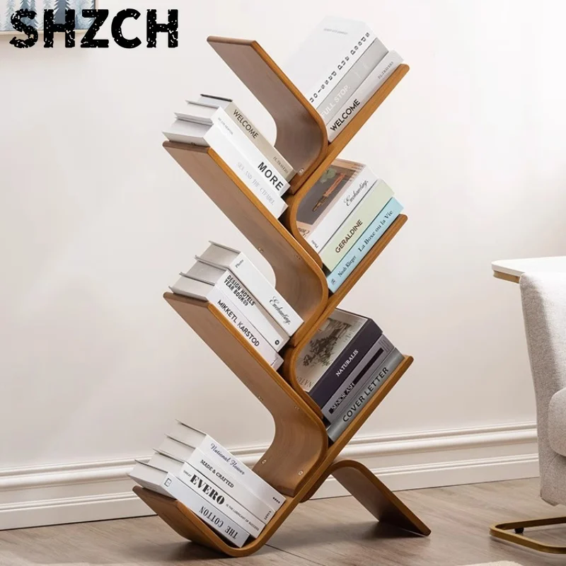Modern Tree Shaped Solid Nanmu Floor Standing Bookshelf Multi tier Narrow Study Storage Rack Organizer Display Cabinet