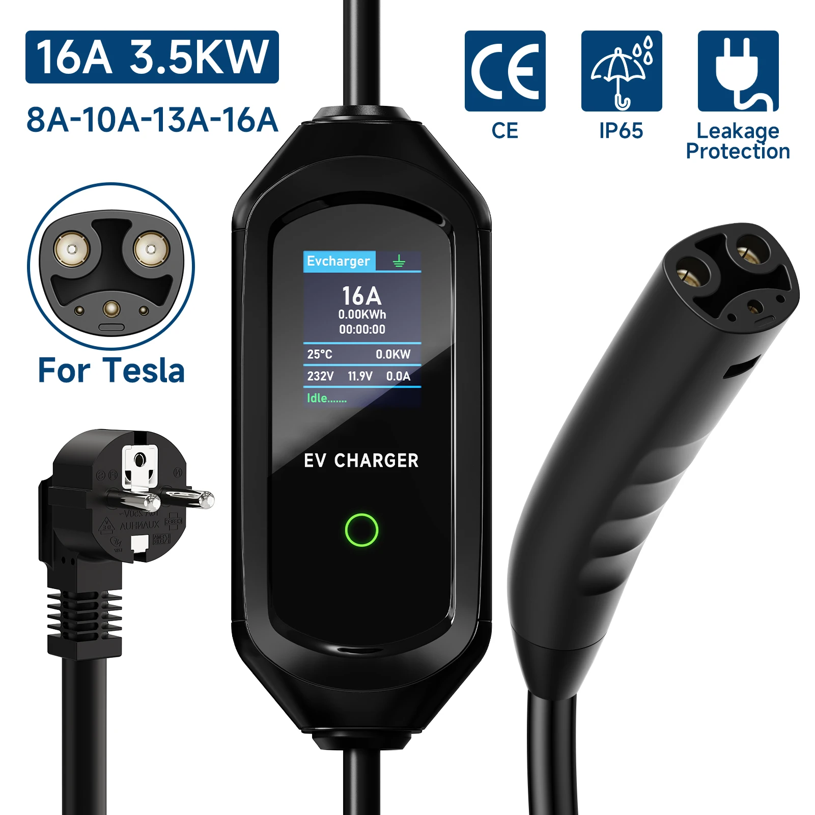 Cargador EV portátil para Tesla EVSE, Cable de carga rápida, enchufe CEE, corriente ajustable, caja de pared para coche eléctrico, 3,5 kW, 16A, 7kW,