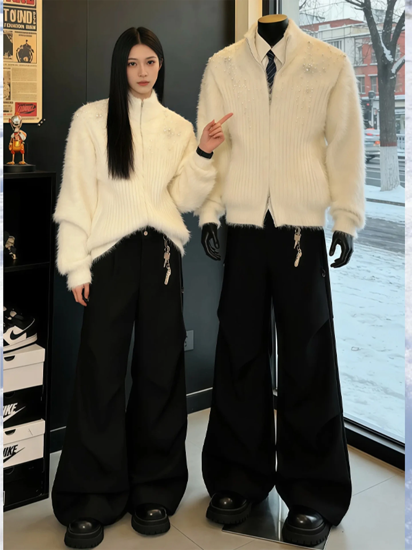 

Men's High-End Knitwear Coat Pearl Embellied High Collar Winter Sweater Unique Design Yarn Outerwear Cleanfit Sle Long Sl...