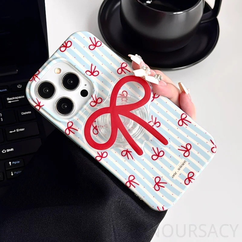 

Высококачественные женские полосатые чехлы для телефонов с бантом в горошек, подходят для Iphone 16 Pro Max 15 13 12 14 Pro с подставкой, задняя крышка с защитой от падения