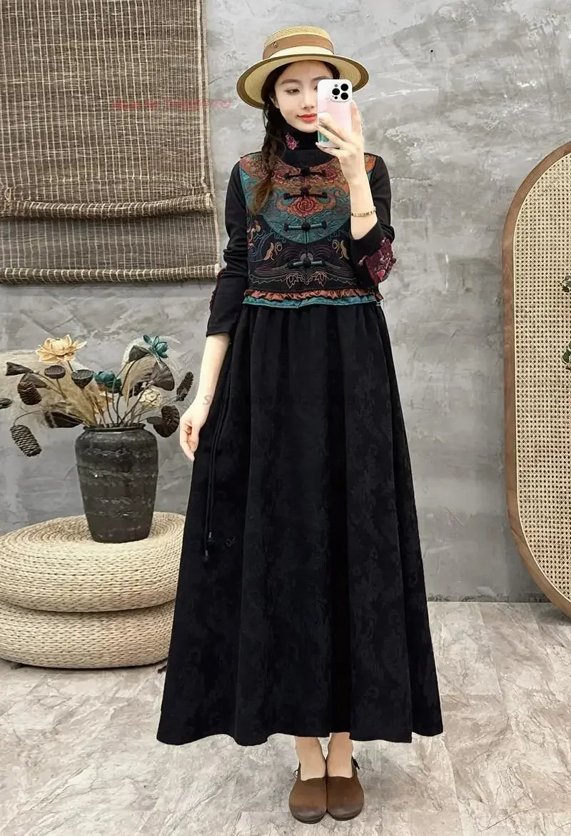 2024 chinese traditional hanfu dress national flower embroidery sleeveless cotton linen dress oriental jacquard folk dress