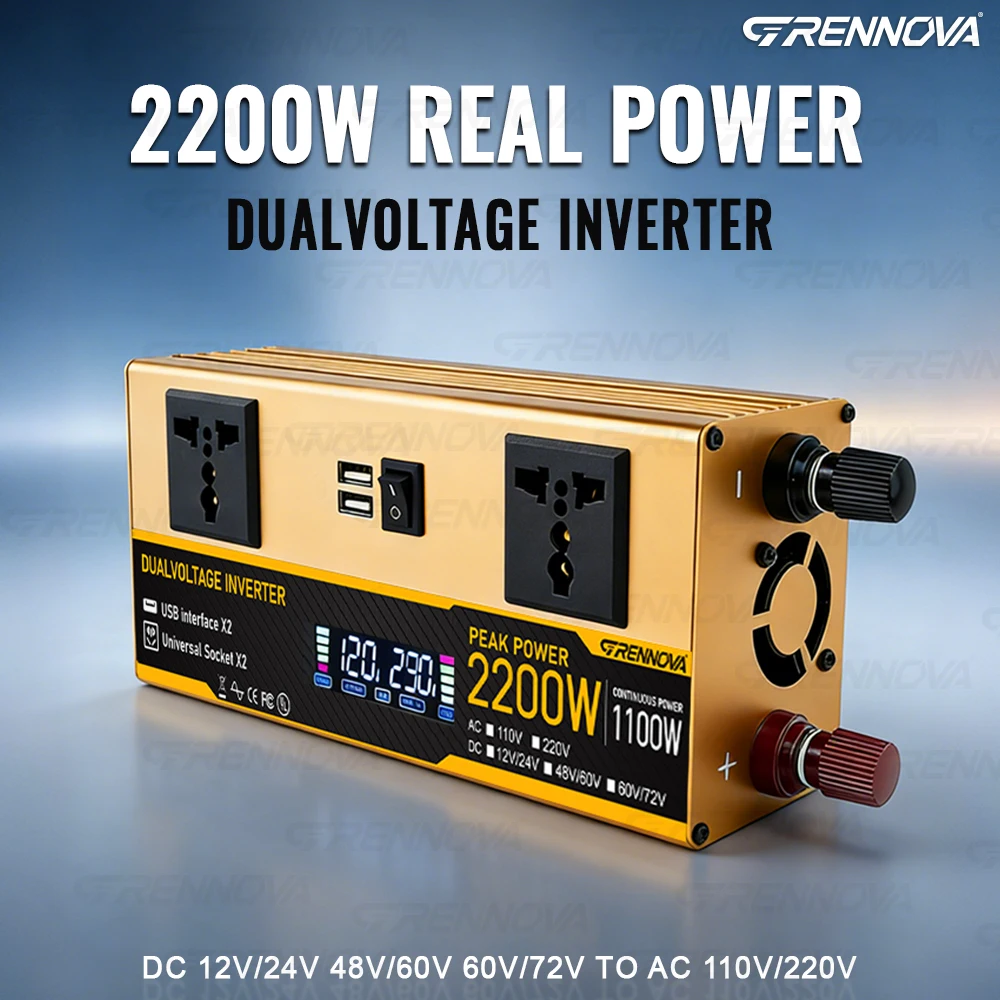 

Dual Voltage 1400W-2200W Peak Smart Inverter Rate 700W-1100W 12/24V 48/60V 60/72V to 110V 220V Runs TV Laptop Small Appliances