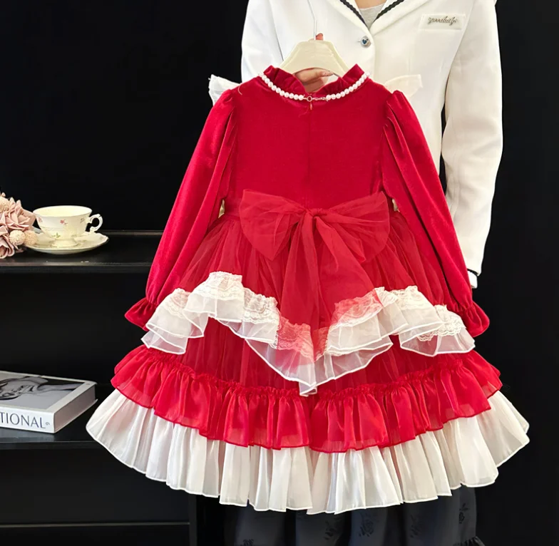 Retail New Baby Girls Boutique Winter Red Fleece Dress, Princess Kids Sweet Party Birthday Dress 3-8T