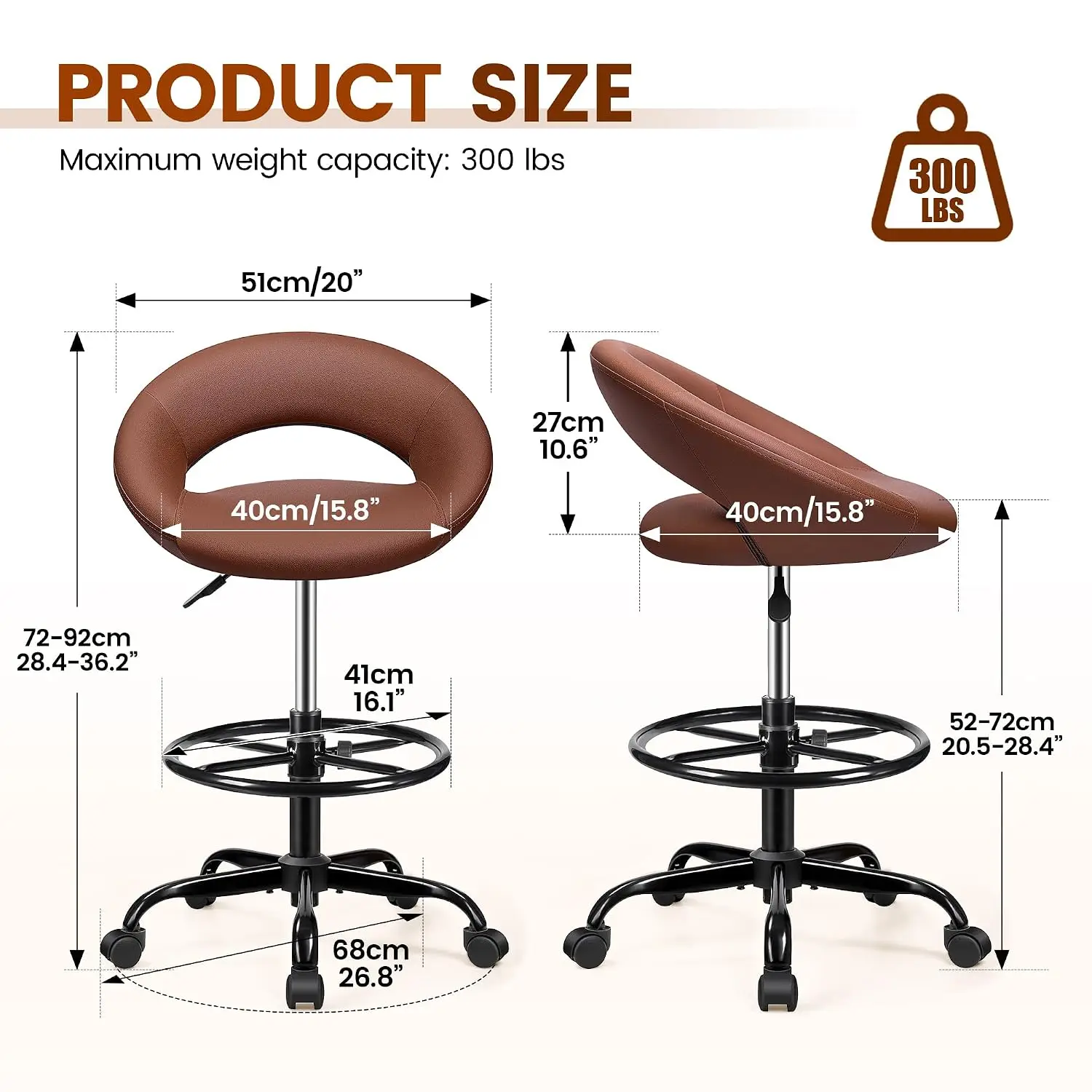 Swivel Bar Stool with Back & Footrest, PU Leather Drafting with Wheels,  Counter Stool for Kitchen Vanity, 2 Pack, Customized