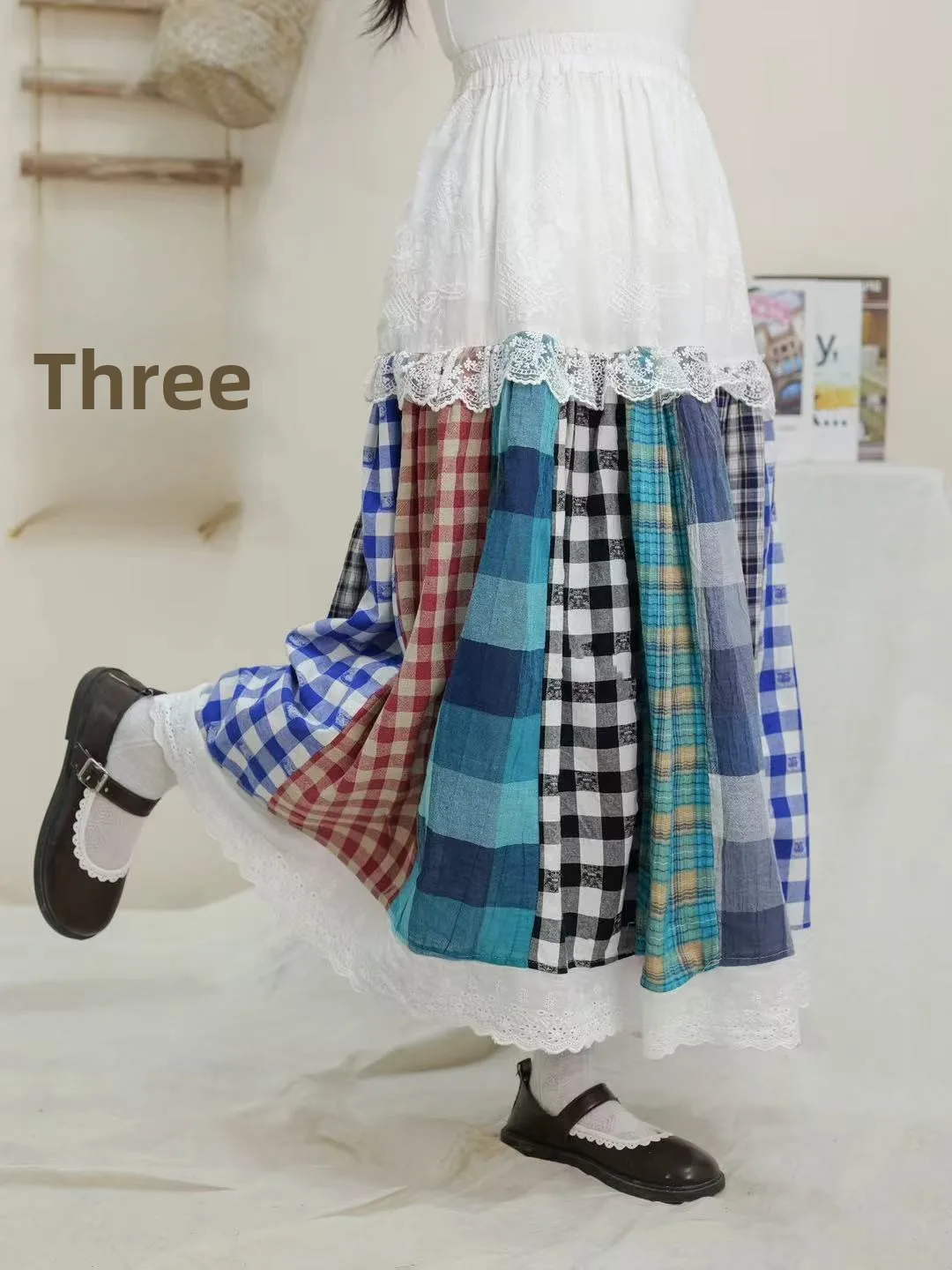 Retro bosque Sle Patchwork bordado Primavera Verano f falda cintura elástica versátil linda chica encaje empalme falda