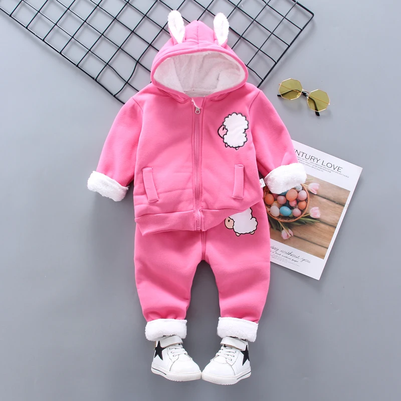 Kids Girls Thick Fleece Lined Woolly Sheep Hoodie Lamb Print Pant Suit Children Warm Winter Set 80-120