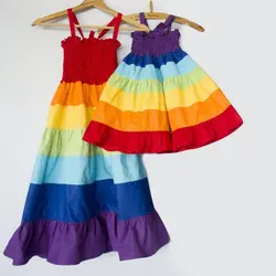 Mother Kids Dresses Family Matching Outfits Summer Mom Daughter Camisole Dress Rainbow Stripe Woman Girls Mommy and Me Clothing