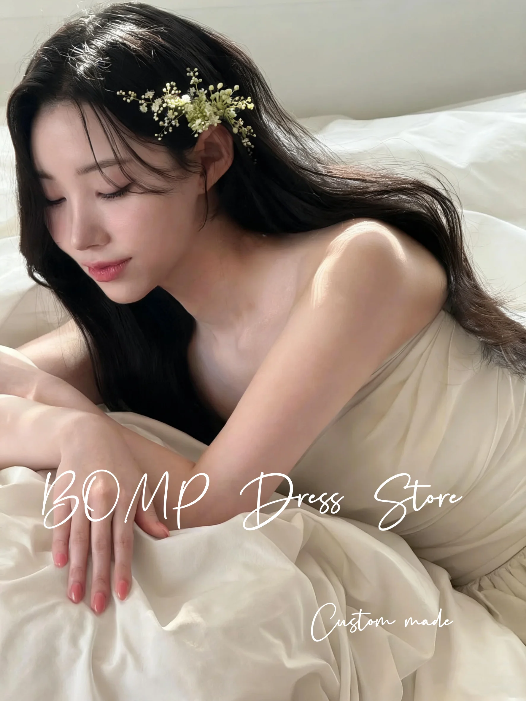 ชุดแต่งงานผ้าทาฟต้าสีงาช้างแบบหรูหรา แบรนด์ BOMP แบบไหล่เดียว สไตล์เกาหลี สำหรับถ่ายภาพงานแต่งงาน ชุดรับแขกเจ้าสาว สามารถสั่งตัดได้