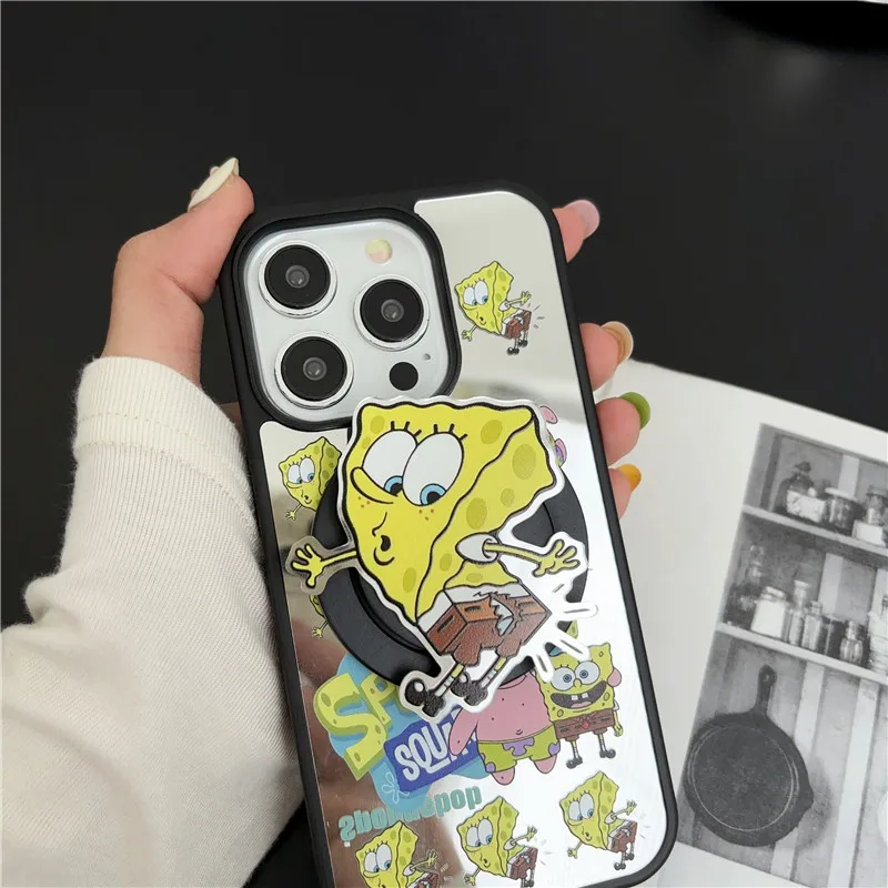 Capa de telefone com suporte magnético para iPhone, suporte magnético dos desenhos animados 3D, carregamento sem fio, espelho luxuoso, Bob Esponja, Magsafe, bonito, 13, 12, 14, 15 Pro Max