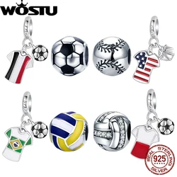 WOSTU 925 Sterling Silver Football Jersey Pendant Enamel Sport Ball Beads Fit Original Bracelet DIY European Figure Gift