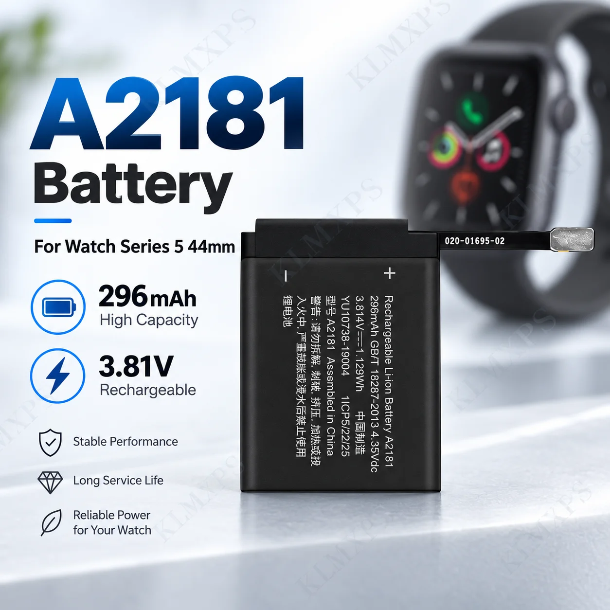 A2181 Battery Replacement for Apple Watch Series 5 44mm 296mAh 3.81V Rechargeable Li-ion Polymer Battery with Repair Tool Kit