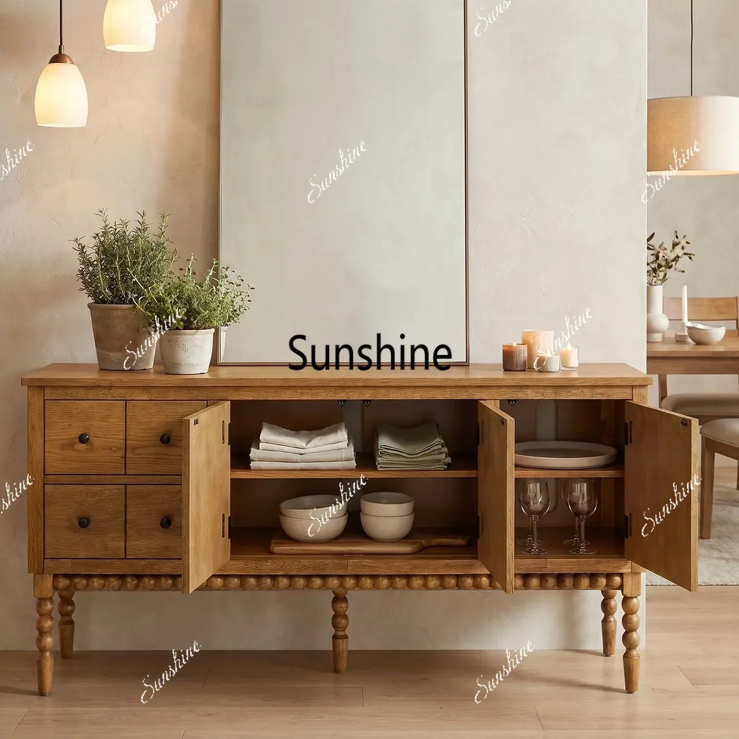 French retro solid wood dining side cabinet integrated storage cabinet against the wallTJ