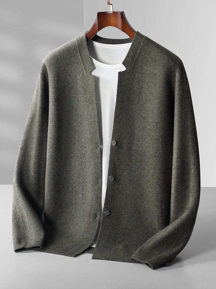 Men's Button Suit Spring Autumn Casual Business Stand up Collar Coat Knitted Cardigan High end Long Sleeves Sweater 100% Wool
