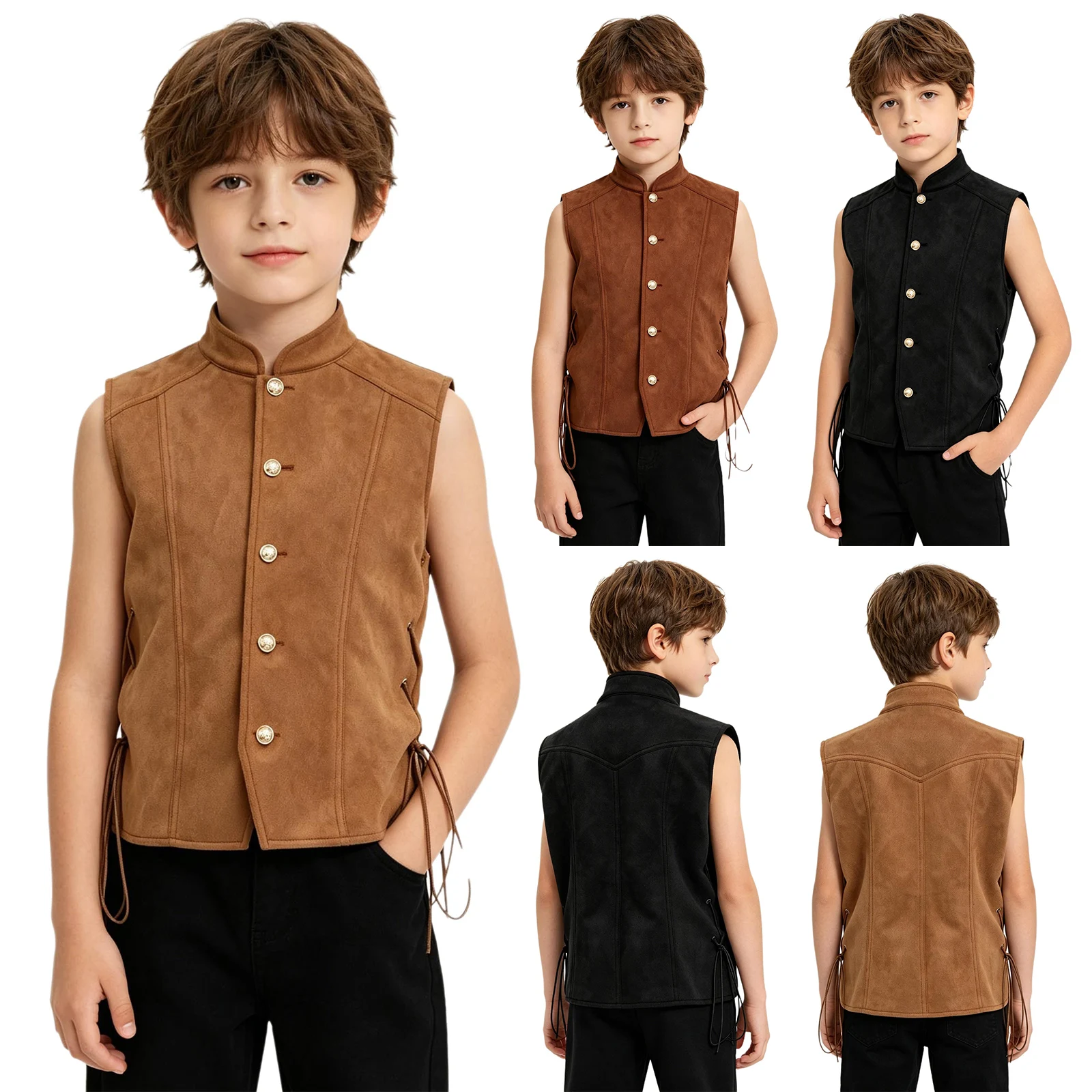 Boys Pirate Dress Up Vest Waistcoat Stand Collar Buttons Closure Sides Tie-up Design Renaissance Vest for Halloween Carnival