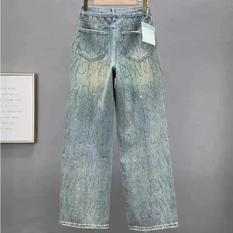 Luxury Shiny Diamond Jeans Women Autumn High Waist Loose Straight Wide Leg Pants Blue  Mopping Pants Streetwear Fashion Trousers