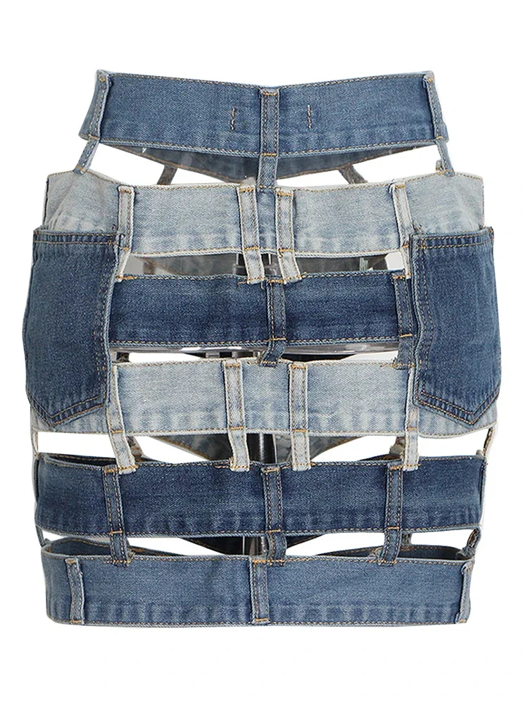 Gonne di jeans Patchwork scavate A vita alta monopetto Colorblock Slim Summer A Line Mini gonna aderente femminile