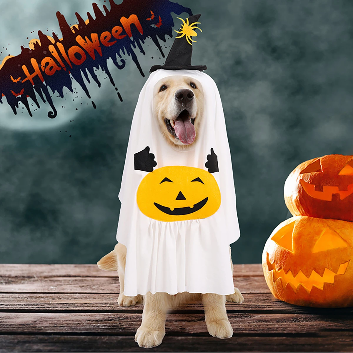 

Halloween Ghost Dog Cats Costume White Dog Costumes with Pumpkin Halloween Pocket Ghost Cosplay Costumes Small Medium Large Dogs