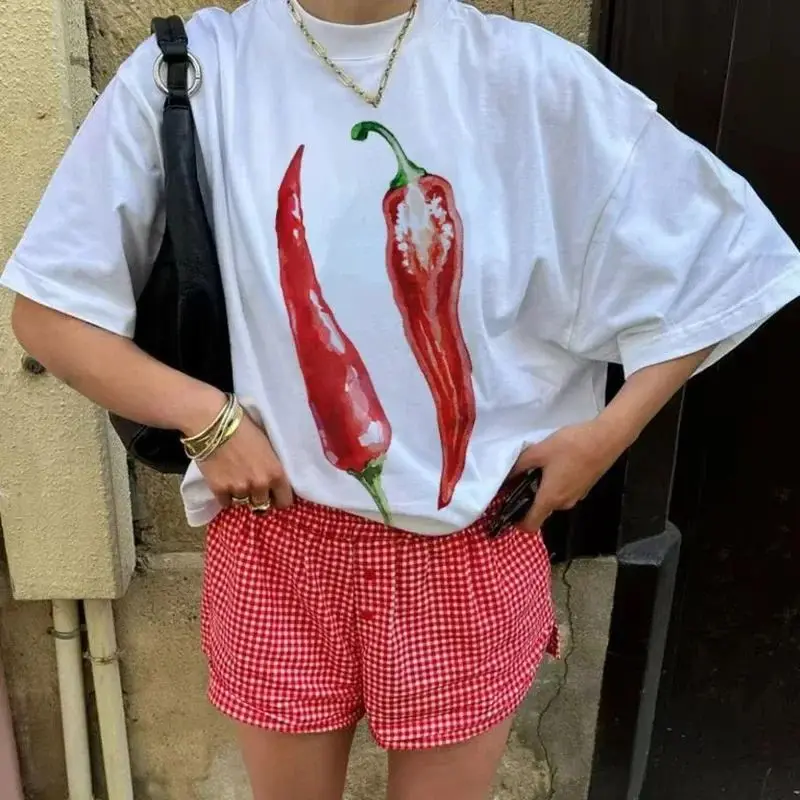 Y2k Ästhetik E-Girl Grunge Streetwear Top Chili-Pfeffer T-Shirt Niedliche Vintage Foodie Grafik-T-Shirts Damenmode Kleidung Unisex