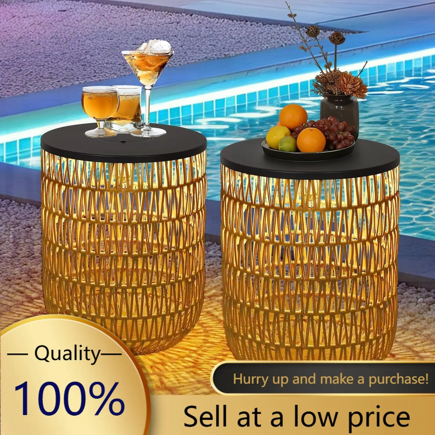 Dimmable Solar Rattan Patio Side Table Set Two Round Outdoor End Accent Poolside Gazebo Dusk Dawn