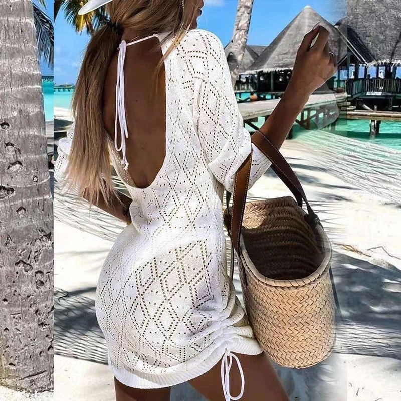 Summer Bodycon Knit Dress, Women's Long Sleeve Swimsuit Crochet Bikini Cover Up, Sexy Backless Lace Up Beach Mini Dress Tunic