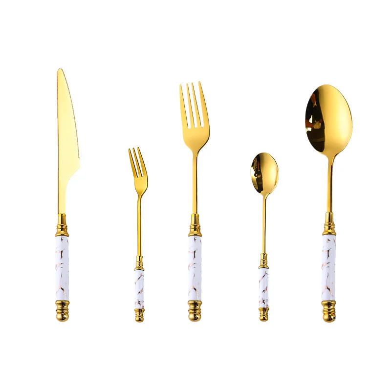 5PCS Gold Stainless Steel Flatware Cutlery Set Dinnerware Set Emerald Marble Ceramic Handle Knife Fork Tea Spoon Dinner Set