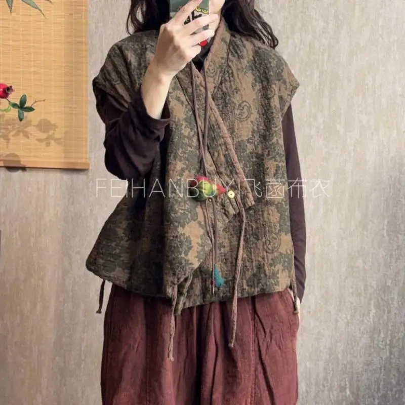 

Новое поступление, осенне-зимний стиль, женские свободные пальто без рукавов с v-образным вырезом, утепленный хлопковый льняной жилет с винтажным принтом и шнуровкой с открытой строчкой