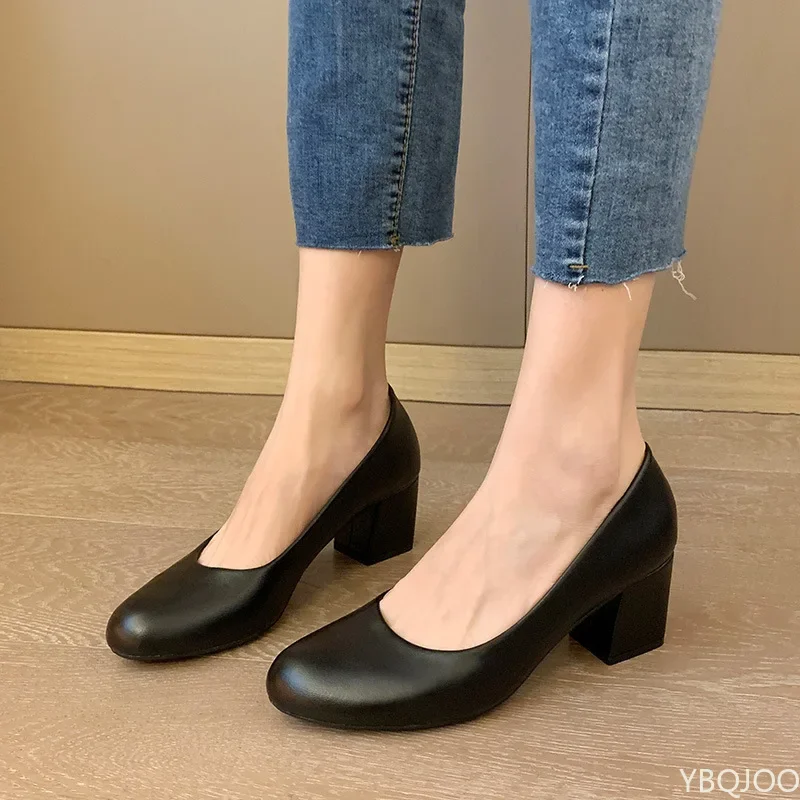 New Soft Leather Pumps Women Basic Spring Square High Heels Office Career Comfortable Shoes Plus Size 43 44 45 For Lady