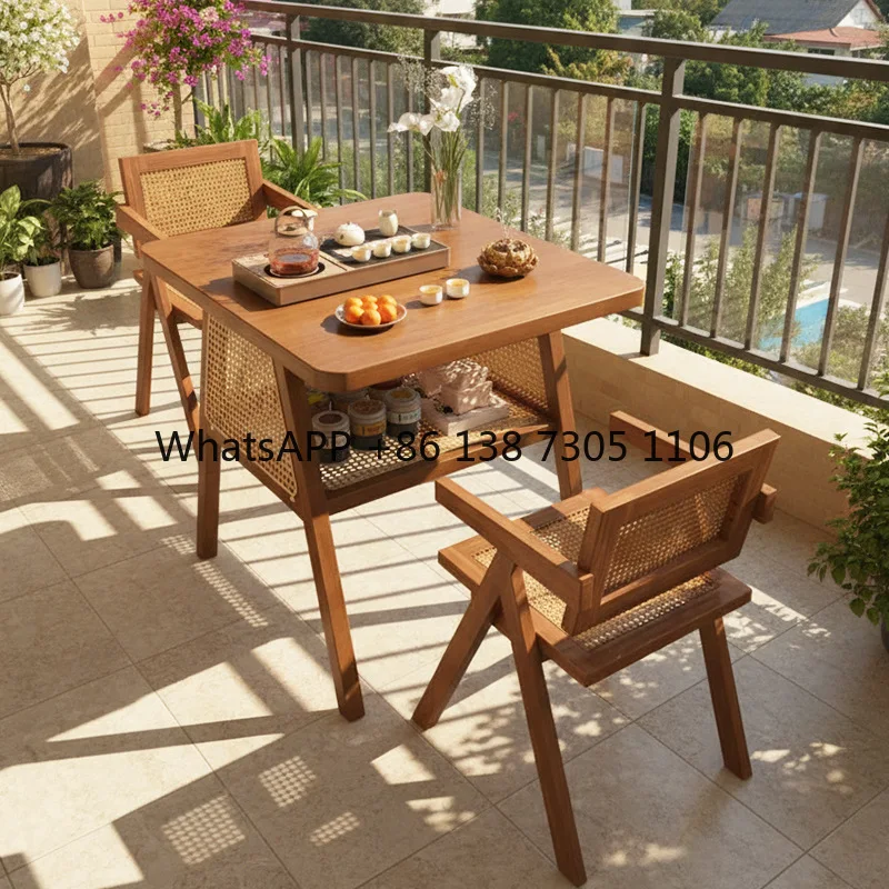 

Чайный столик из цельного дерева, встроенный балкон, небольшой чайный столик, полный набор стульев, комбинация чая из ротанга