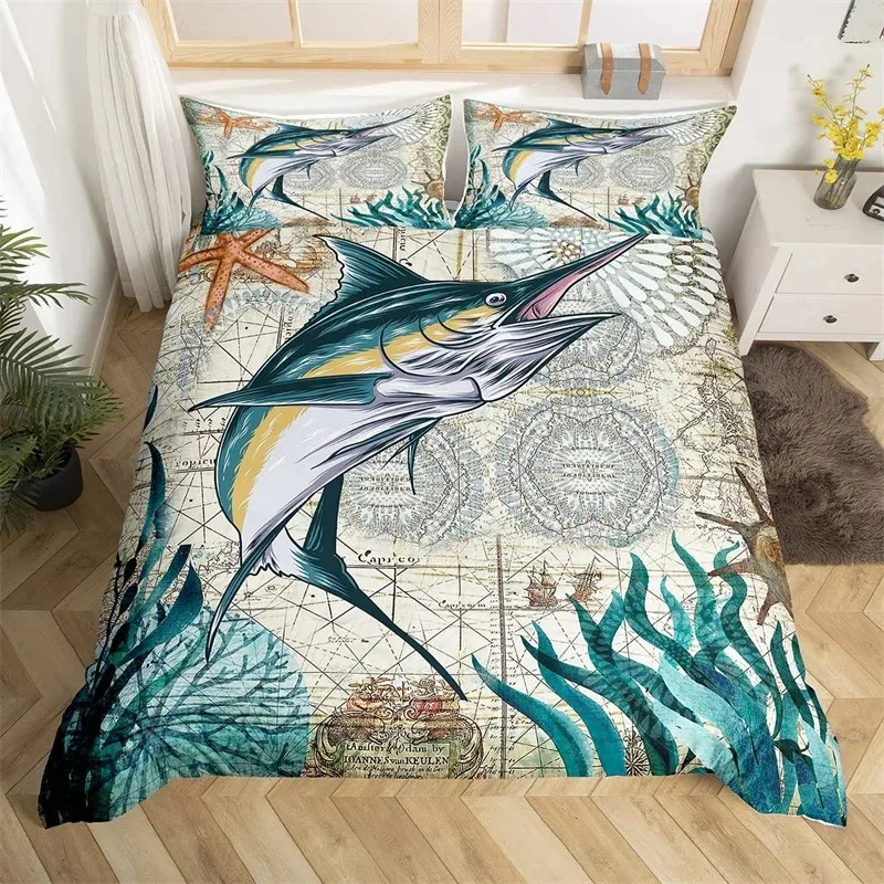 

Marlin Swordfish Duvet Cover Kawaii Marine Life Bedding Set Microfiber Ocean Theme Big Pike Fish Quilt Cover Single Twin King