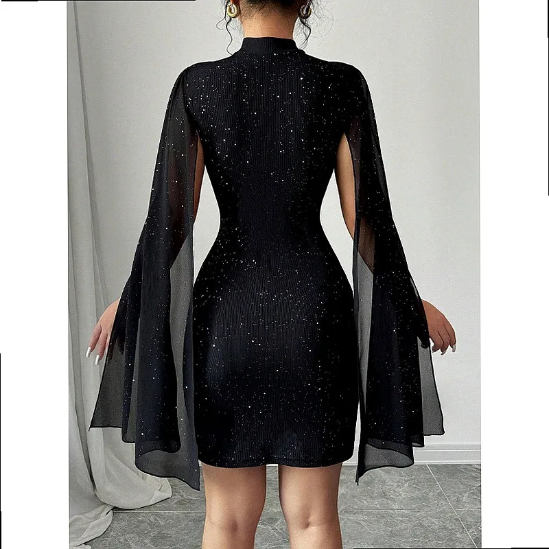 Elegant Round Neck Pearl Chiffon Cape Dress, Bodycon Midi Dresses for Women Spring Summer