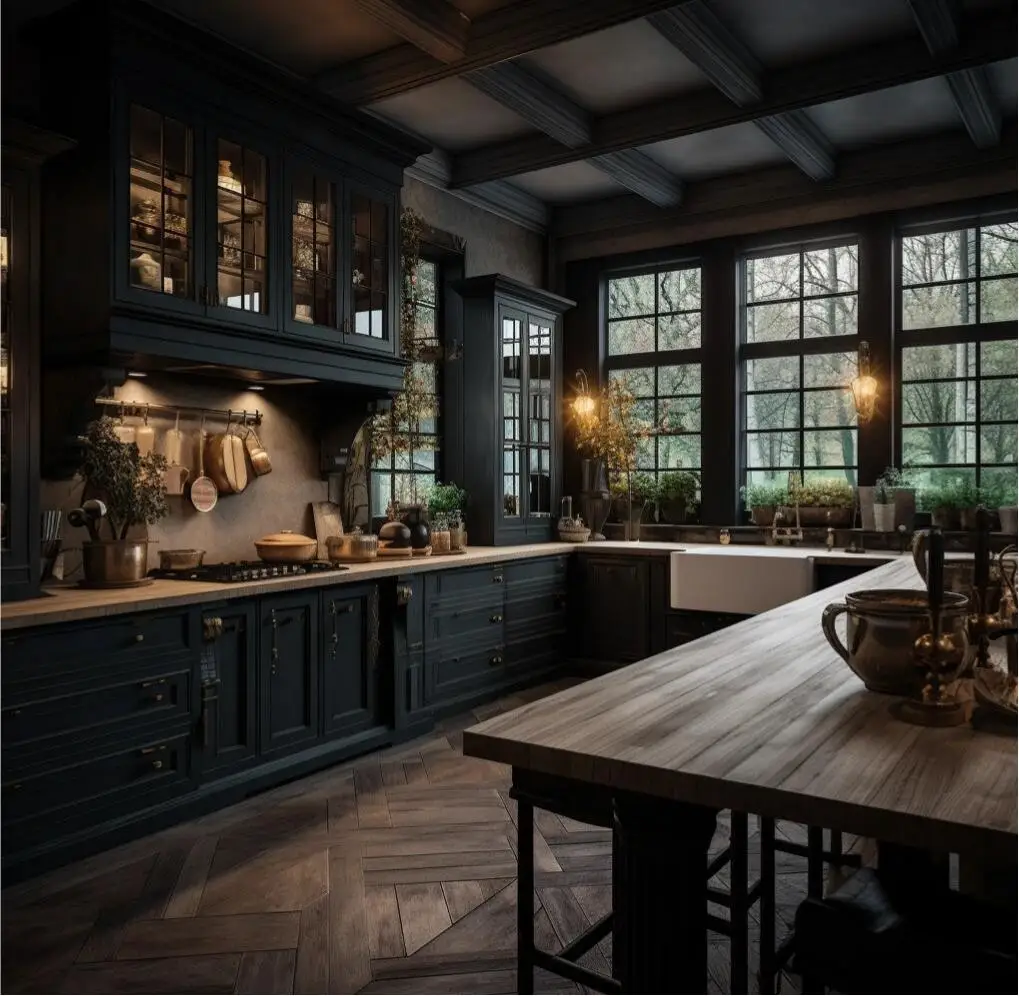 Black Country-Style Solid Wood Kitchen Cabinets Vintage Style Storage Cupboards for Dining Room