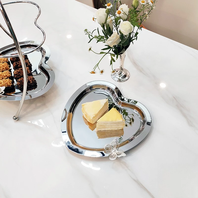 2PCS Luxury Minimalist Ins Style Stainless Steel Heart Shape Fruit Tray Cosmetic Jewelry Dish Metal Dessert Cake Plate