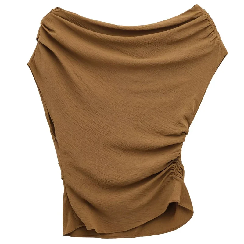 HXAO Top asimmetrico con volant Donna Estate 2025 Sexy Crop Corsetto Serbatoi e canottiere Off White Marrone Tunica Top Elegante High Street Gilet