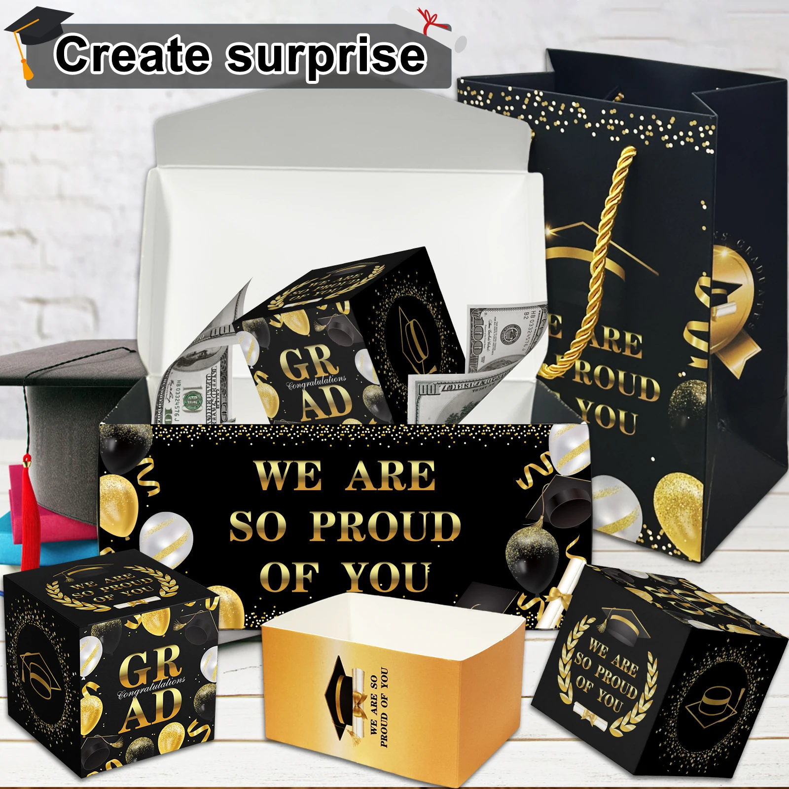 16Pcs Graduation Exploding Money Gift Box Black Glod Congrats Bouncing Surprise Cash Pop-Up Box Grad Cash Gift Idea for Congrats