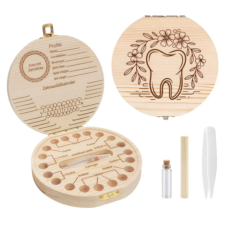 2D Wooden Tooth Keepsake Box Commemorative Storage Teeth Hair Birth Souvenir Birthday Halloween Christmas Gift Home Decor