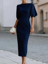 Slash Neck Patchwork Fashion Maxi Dress, Women Summer Half Sleeve Simple Party Dress, 2026 Solid Elegant Ladies Dress Streetwear